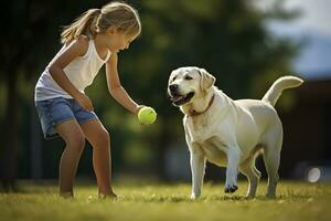 un niña es jugando pelota con un Labrador perdiguero. foto