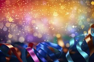 Celebration background with colorful ribbons and bokeh lights. photo
