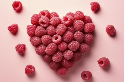 Heart made of ripe raspberries on color background, top view. photo