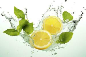 Lemon and mint in water splash, isolated on white background. photo