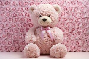 Cute bear with pink roses background. Valentines day concept. photo