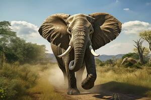 Elephant walking on road in the savannah. photo