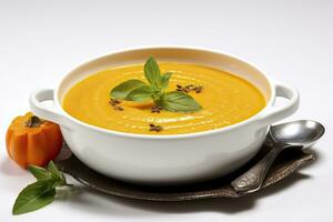 Pumpkin soup with basil on a white background. photo