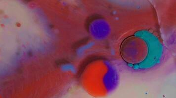 Top view of colored acrylic paint bubbles moving on milk, oil, liquid macro background. video