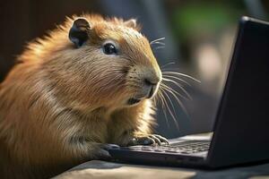 Capybara with a laptop. photo