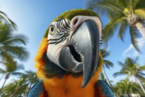 Portrait of a macaw parrot on a background of palm trees. photo