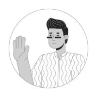 Sunglasses indian man waving hand black and white 2D vector avatar illustration. Stylish south asian guy saying hello outline cartoon character face isolated. Greeting gesture flat user profile image