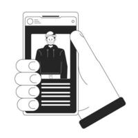 Stealing identity smartphone bw concept vector spot illustration. Cybercrime. Hacker personality theft 2D cartoon flat line monochromatic hand for web UI design. editable isolated outline hero image