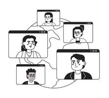 Business conference networking online black and white 2D illustration concept. Virtual meeting colleagues around world isolated cartoon outline characters. Collab metaphor monochrome vector art