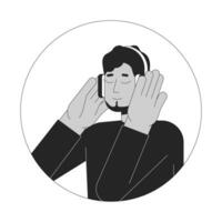 Headphones middle eastern guy bearded black and white 2D vector avatar illustration. Carefree arab man listening to music outline cartoon character face isolated. Music lover flat user profile image
