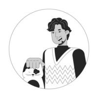 Bearded indian man petting cat black and white 2D vector avatar illustration. South asian guy smiling outline cartoon character face isolated. Sweater weather. Pet owner flat user profile image