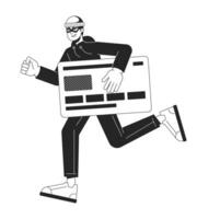 Thief stealing credit card bw concept vector spot illustration. Credit card fraud. Banking 2D cartoon flat line monochromatic character for web UI design. Editable isolated outline hero image