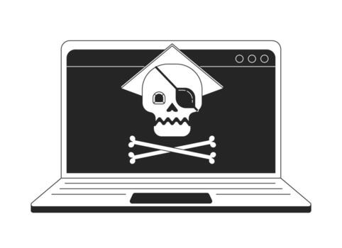 Online piracy on laptop bw concept vector spot illustration. Downloading copyrighted files 2D cartoon flat line monochromatic character for web UI design. Editable isolated outline hero image