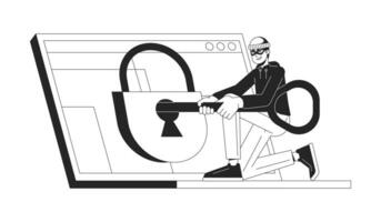 Hacking padlock bw concept vector spot illustration. Laptop. Man with key trying to open 2D cartoon flat line monochromatic character for web UI design. Cybercrime editable isolated outline hero image