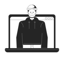 Identity theft on laptop bw concept vector spot illustration. Stolen personality. Hacker 2D cartoon flat line monochromatic character for web UI design. Cybercrime disable isolated color hero image