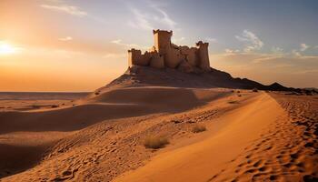 Sand dunes with an old castle in the distance and people walking on the beach photo