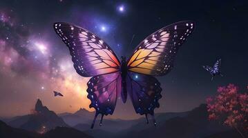 Celestial Ballet, A Galaxy-Winged Butterfly Takes Flight in a Cosmic Tapestry. AI Generated photo