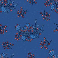 Christmas seamless pattern. bird on branch with Christmas berries on blue background. Vector illustration. Xmas folk repetitive design in style colored linear hand drawing.
