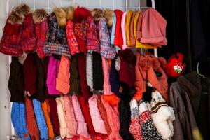 Traditional handmade knitted hats at the beautiful small town of Nobsa in the region of Boyaca in Colombia photo