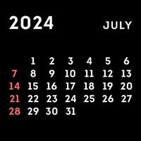julio 2024 mes calendario. vector ilustración.