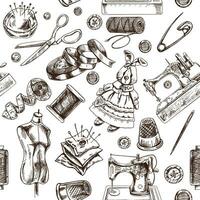 Seamless pattern of hand drawn sewing elements. Vector illustrations in sketch style. Handmade, sewing equipment concept in vintage doodle style. Engraving style.