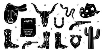 vector occidental silueta colocar. retro colección de vaquero botas, sombrero, pistola, cactus, herradura, vaca cráneo, sillín. salvaje Oeste y Texas concepto. vaquero elementos en negro y blanco colores.