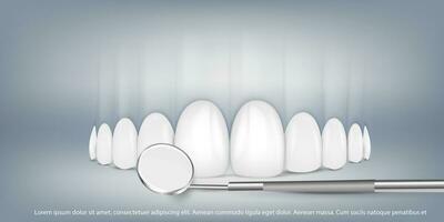 Vector realistic teeth on a light gray background with a dental instrument mirror