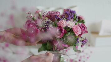 Florist woman picks up flowers in a vase. Preparing flower bouquet for sale or delivery. Home decoration. Roses and gypsophila on white background video