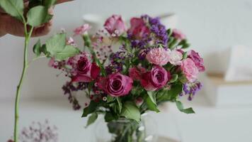 blomsterhandlare kvinna plockar upp blommor i en vas. framställning blomma bukett för försäljning eller leverans. Hem dekoration. ro och Gypsophila på vit bakgrund video