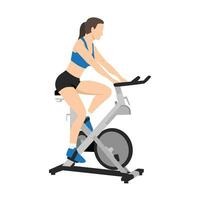 Woman doing Cardio stationary bike. spinning exercise. vector