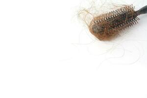 Hair loss in comb, hair fall everyday serious problem, on white background. photo