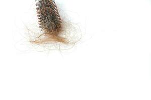 Hair loss in comb, hair fall everyday serious problem, on white background. photo