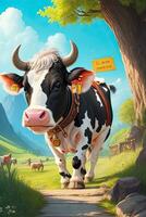 Cow in the meadow on a sunny day. Vector illustration. AI Generated. photo
