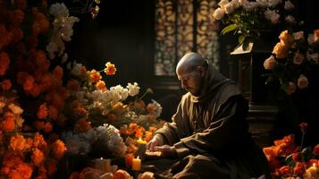 calvo monje franciscano en tradicional marrón ropa sentado en frente de altar con flores y orar. foto