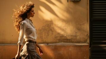 Side profile, natural portrait of a beautiful fashionable woman with curly hair in a white shirt on the street. Un-posed, natural shots of a person walking. photo