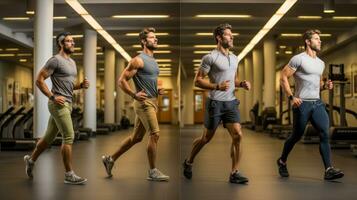 Sequential work out. Healthy young man running in a gym. Sport and fitness concept. Two variants of photo. photo