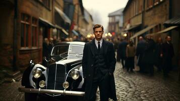 General German retro lifestyle. Young handsome man in a suit with a vintage car in the city. photo