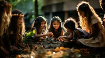 Indonesian children prepare to play rangku alu. Group of asian kids playing in the park. photo