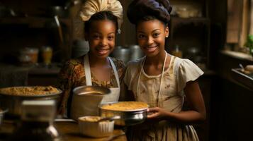 Portrait of african american mother and daughter in the kitchen, retro style. photo