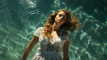 Portrait of young beautiful woman in white dress luying in swimming pool. Photographed from above swimming face up. photo