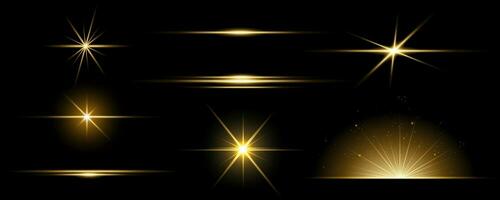 Gold line light glow with sparkle and flare shine. Horizontal golden neon streak effect isolated on transparent background. vector