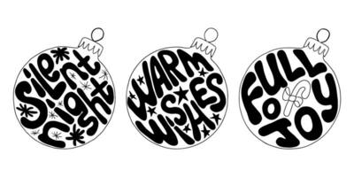 Black and white groovy Christmas lettering in christmas balls. Typographic vintage hippie compositions for printout, stickers, decoration. Winter holiday slogans in retro hippie hand drawn style vector