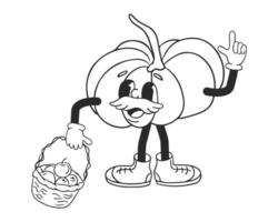 antiguo retro dibujos animados calabaza personaje con cesta lleno de manzanas mano dibujado contorno garabatear personaje en blanco antecedentes. otoño nostalgia ilustración para imprimir, carteles, camisa impresión vector