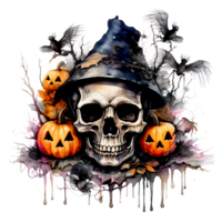 Creepy Halloween skull with pumpkins on transparent background png