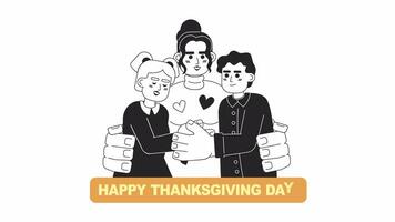 Happy thanksgiving day family hugs bw cartoon animation. Latin kids mother embracing 4K video motion graphic. Hispanic mom children 2D monochrome line animated characters isolated on white background