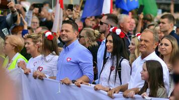 Warsaw, Poland. 1 October 2023. Donald Tusk during of in the biggest demonstrations seen in Poland since the fall of communism. March of a Million Hearts. photo