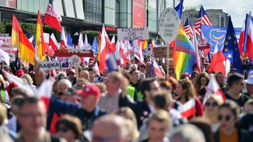 Warsaw, Poland. 1 October 2023. March of a Million Hearts. Hundreds of thousands march in  anti-government protest to show support for democracy. The spontaneous reaction of people. photo