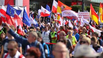 Warsaw, Poland. 1 October 2023. March of a Million Hearts. Hundreds of thousands march in  anti-government protest to show support for democracy. The spontaneous reaction of people. photo