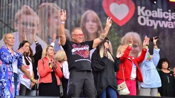 Warsaw Poland. October 1, 2023. Million Hearts March. Artists appeared on the stage at the end of the march route and sang the song photo