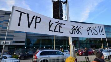Warsaw, Poland.9 October 2023. Opposition banner with the inscription TVP lze jak pis  TVP lies like PIS photo